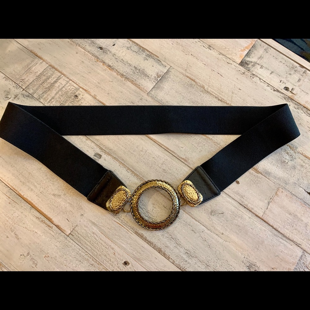 Black Elastic Waist Belt with Gold Rope-Style Ring